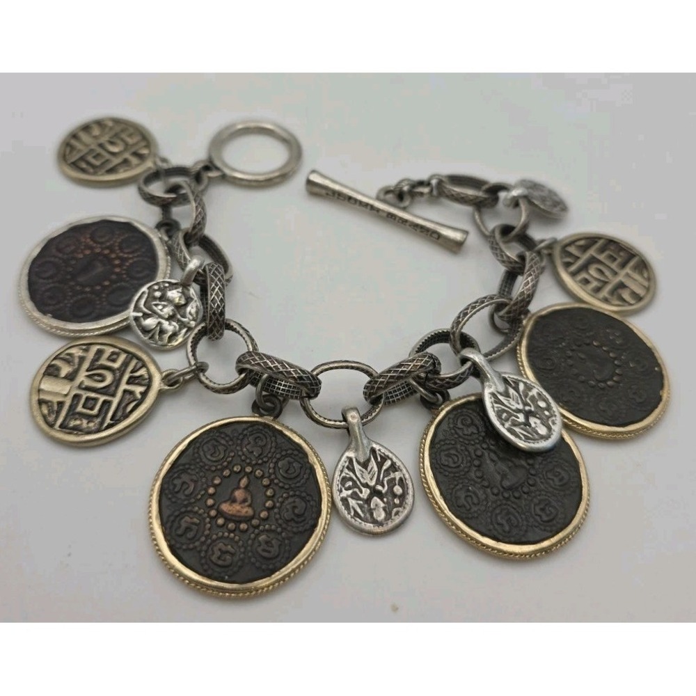 Lucky Brand Asian Inspired Chunky Buddha Coin Charm Bracelet 8" Boho Rustic Y2K